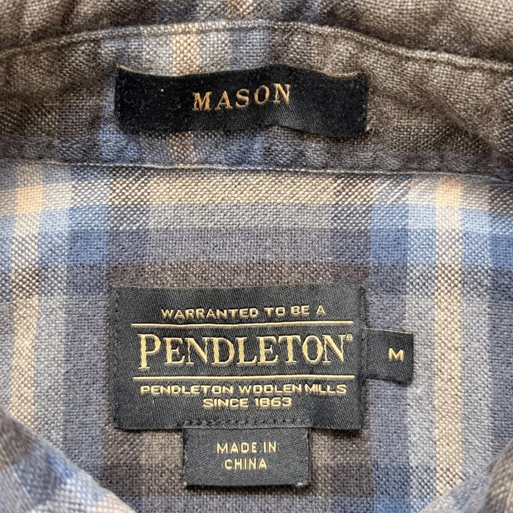 Pendleton Mason Plaid Flannel Button Down Shirt Men's Medium Gray Blue Casual - Picture 4 of 6
